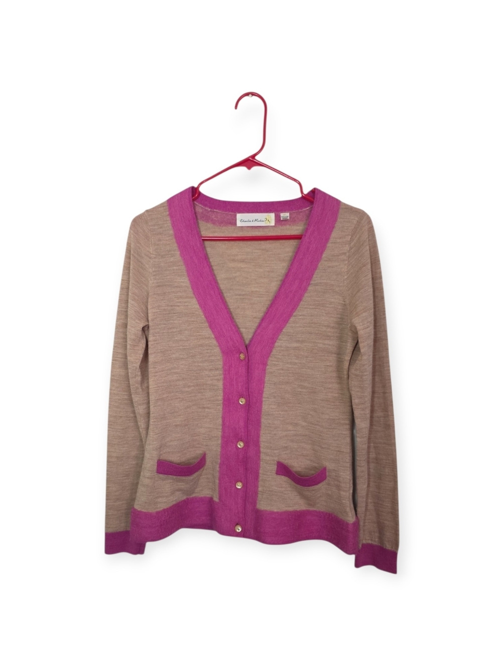 Women's Charlie & Robin wool tan and pink cardigan, size medium